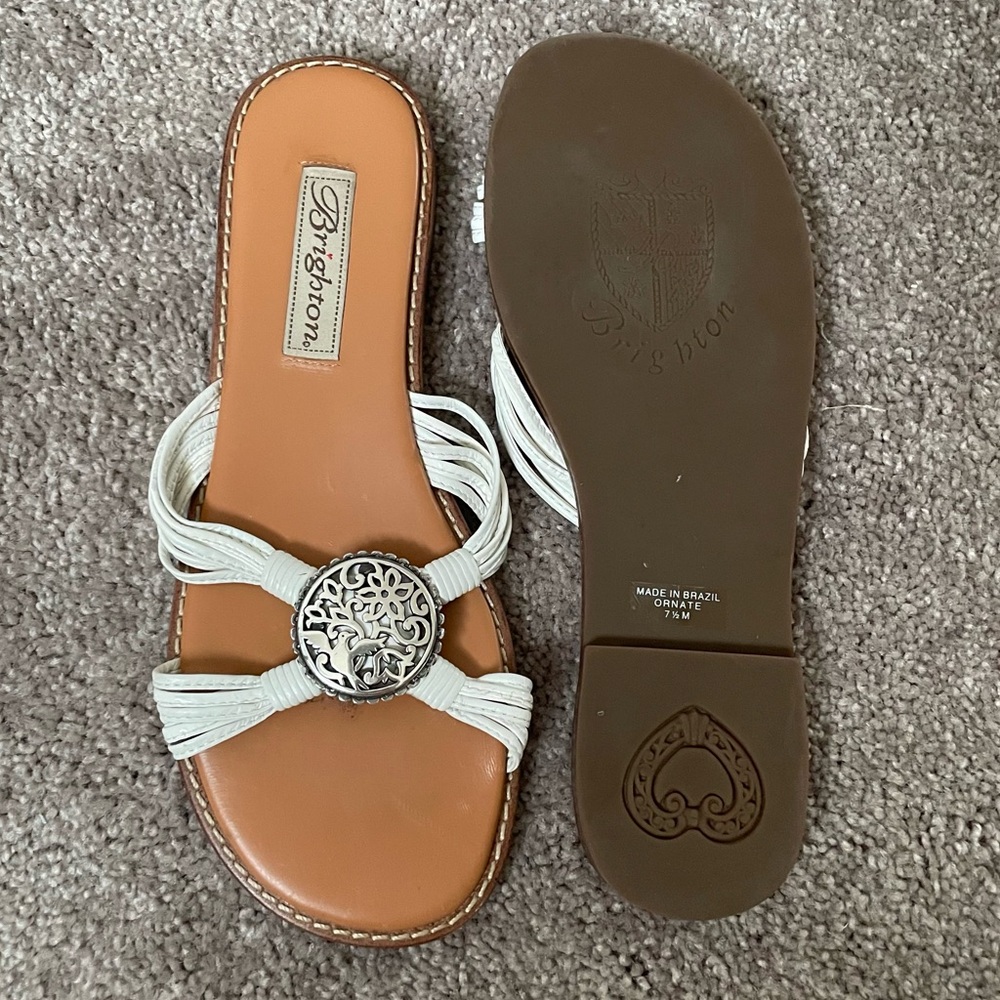 Brighton⚡️Ornate White and Tan Sandals with Elegant Silver Charm Accents - Picture 4 of 14